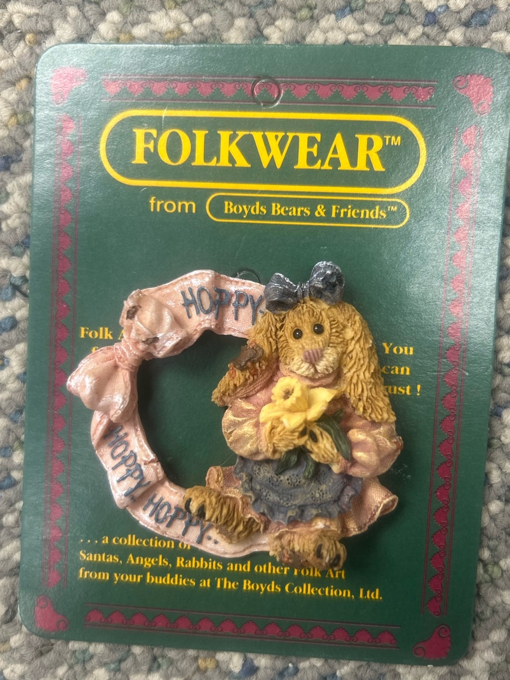 Boyds Bears Folkwear Girl Bunny Pin with Pink Ribbon and Green Backing